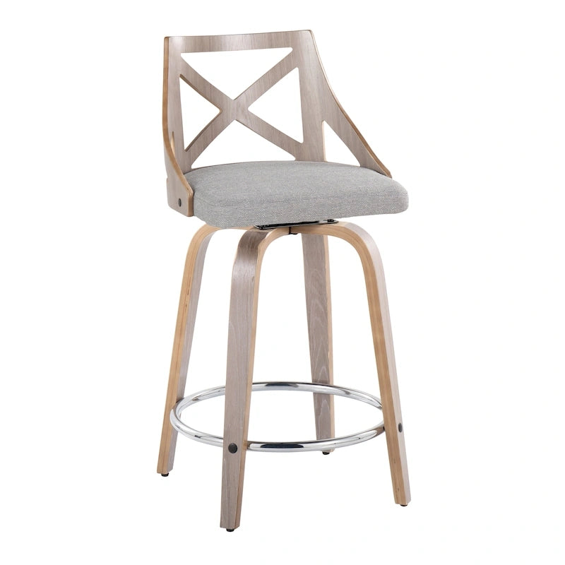 Taburete de mostrador giratorio con respaldo en forma de X, tela crema/gris y madera gris claro, juego de 2