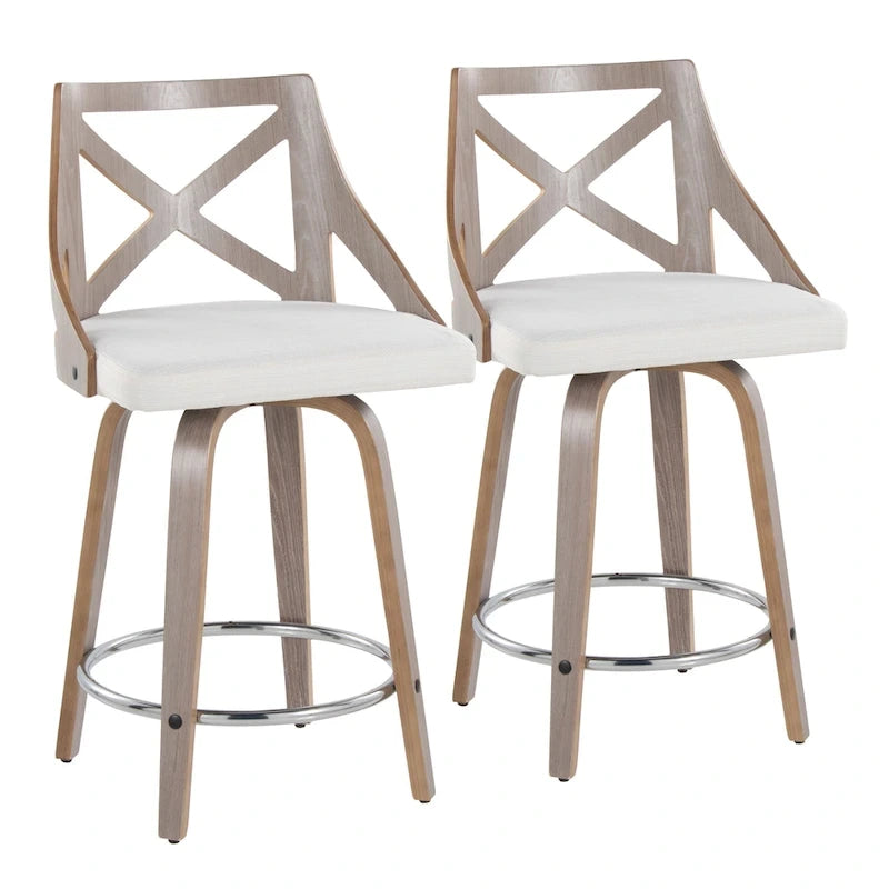 Taburete de mostrador giratorio con respaldo en forma de X, tela crema/gris y madera gris claro, juego de 2