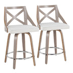 Taburete de mostrador giratorio con respaldo en forma de X, tela crema/gris y madera gris claro, juego de 2
