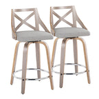 Taburete de mostrador giratorio con respaldo en forma de X, tela crema/gris y madera gris claro, juego de 2