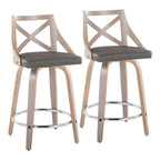 Taburete de mostrador giratorio con respaldo en forma de X, tela crema/gris y madera gris claro, juego de 2