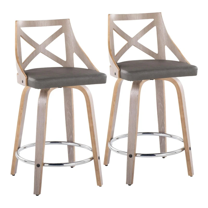 Taburete de mostrador giratorio con respaldo en forma de X, tela crema/gris y madera gris claro, juego de 2