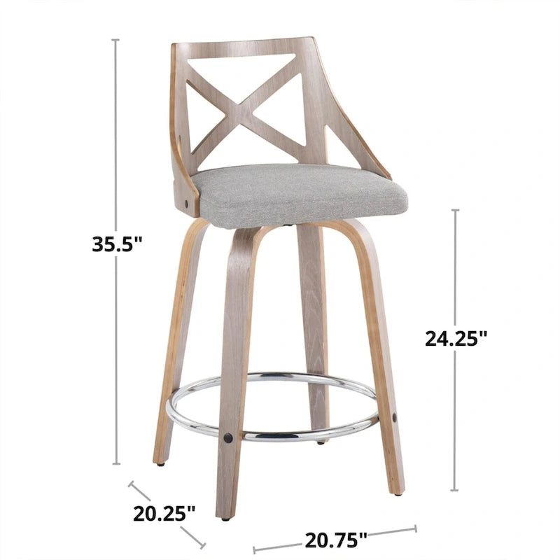 Taburete de mostrador giratorio con respaldo en forma de X, tela crema/gris y madera gris claro, juego de 2