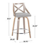 Taburete de mostrador giratorio con respaldo en forma de X, tela crema/gris y madera gris claro, juego de 2