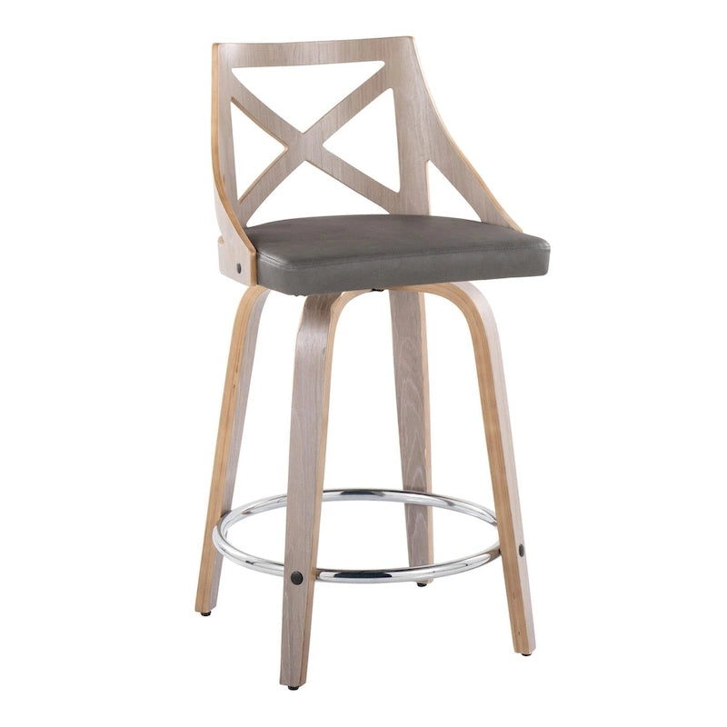 Taburete de mostrador giratorio con respaldo en forma de X, tela crema/gris y madera gris claro, juego de 2