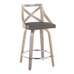 Taburete de mostrador giratorio con respaldo en forma de X, tela crema/gris y madera gris claro, juego de 2