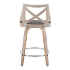 Taburete de mostrador giratorio con respaldo en forma de X, tela crema/gris y madera gris claro, juego de 2