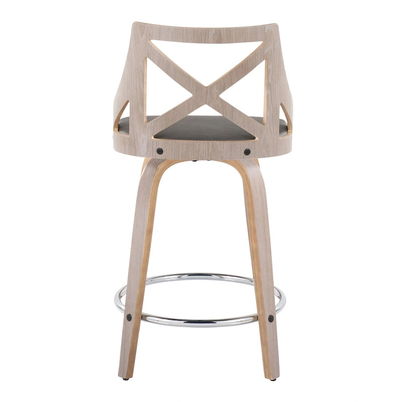 Taburete de mostrador giratorio con respaldo en forma de X, tela crema/gris y madera gris claro, juego de 2