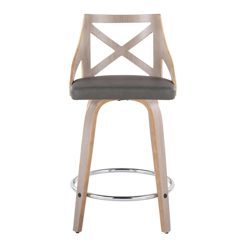 Taburete de mostrador giratorio con respaldo en forma de X, tela crema/gris y madera gris claro, juego de 2