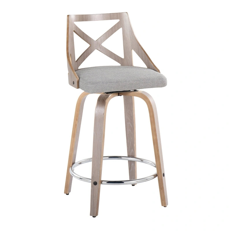 Taburete de mostrador giratorio con respaldo en forma de X, tela crema/gris y madera gris claro, juego de 2