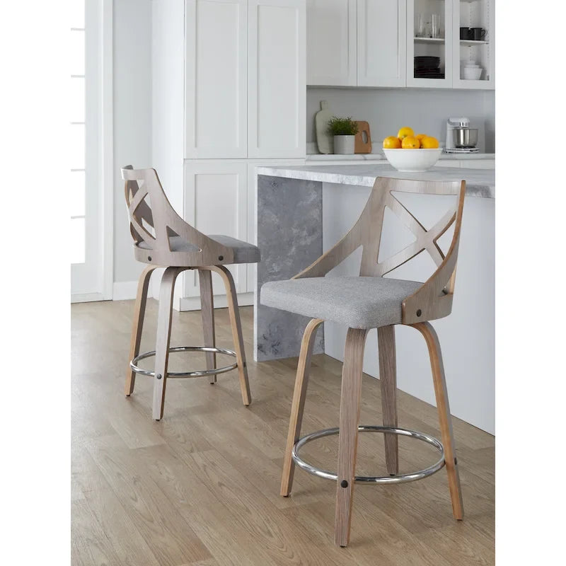 Taburete de mostrador giratorio con respaldo en forma de X, tela crema/gris y madera gris claro, juego de 2