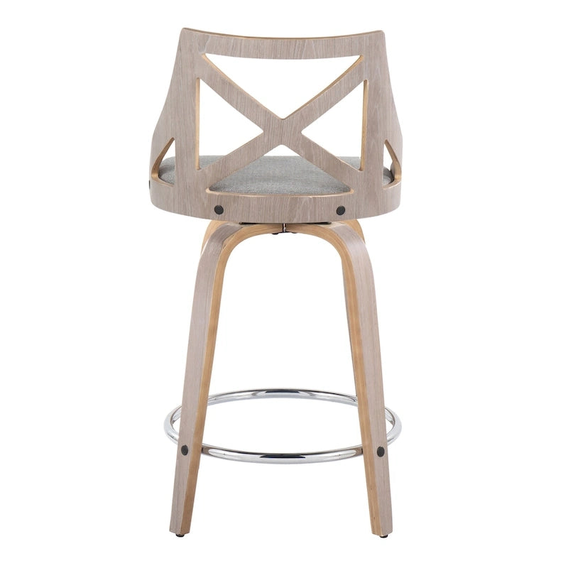 Taburete de mostrador giratorio con respaldo en forma de X, tela crema/gris y madera gris claro, juego de 2