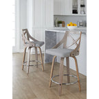 Taburete de mostrador giratorio con respaldo en forma de X, tela crema/gris y madera gris claro, juego de 2