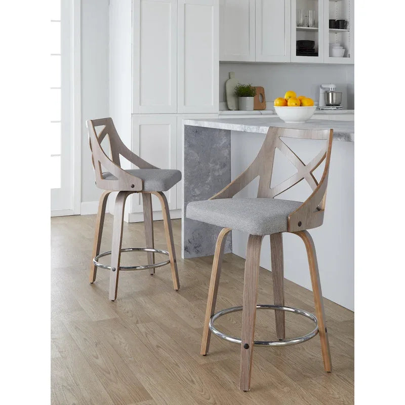 Taburete de mostrador giratorio con respaldo en forma de X, tela crema/gris y madera gris claro, juego de 2