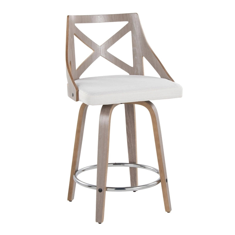 Taburete de mostrador giratorio con respaldo en forma de X, tela crema/gris y madera gris claro, juego de 2