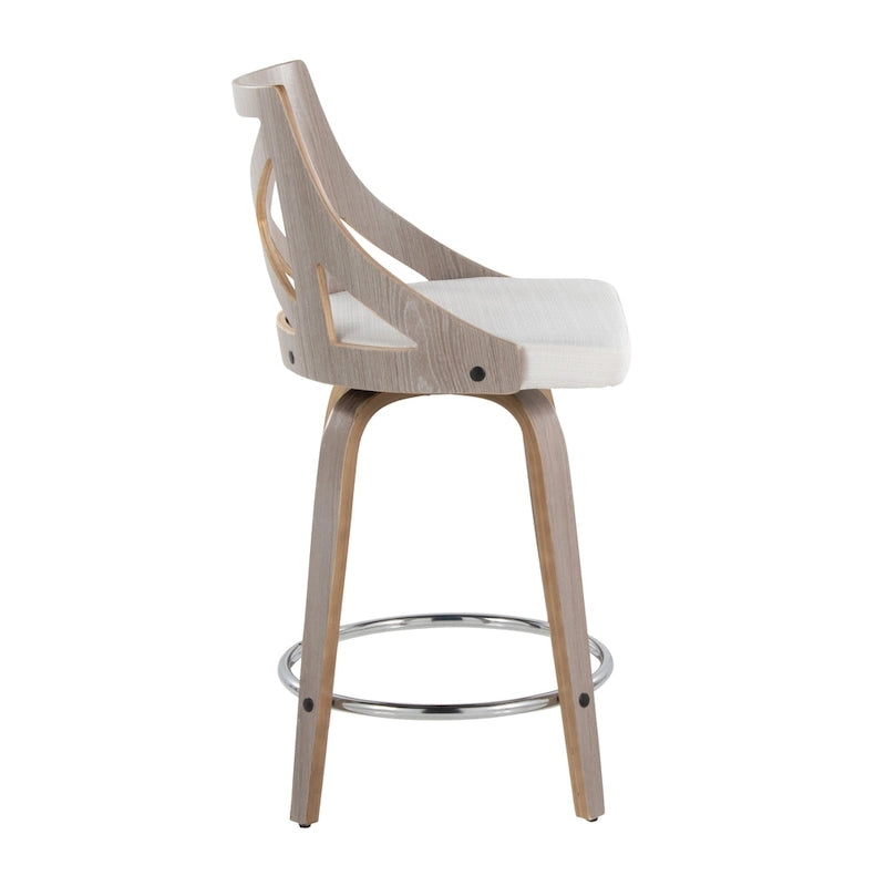 Taburete de mostrador giratorio con respaldo en forma de X, tela crema/gris y madera gris claro, juego de 2