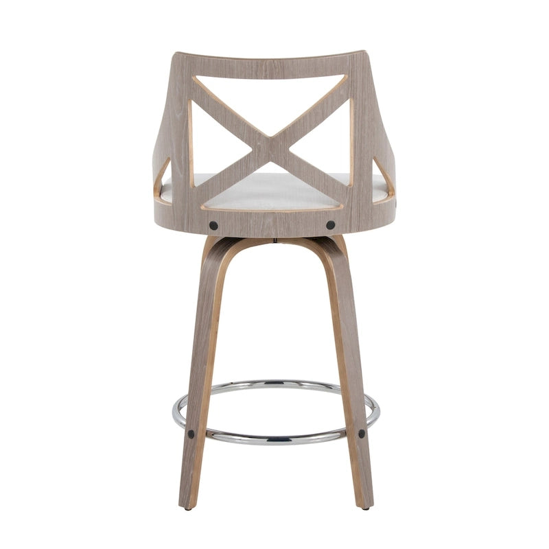 Taburete de mostrador giratorio con respaldo en forma de X, tela crema/gris y madera gris claro, juego de 2