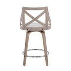 Taburete de mostrador giratorio con respaldo en forma de X, tela crema/gris y madera gris claro, juego de 2