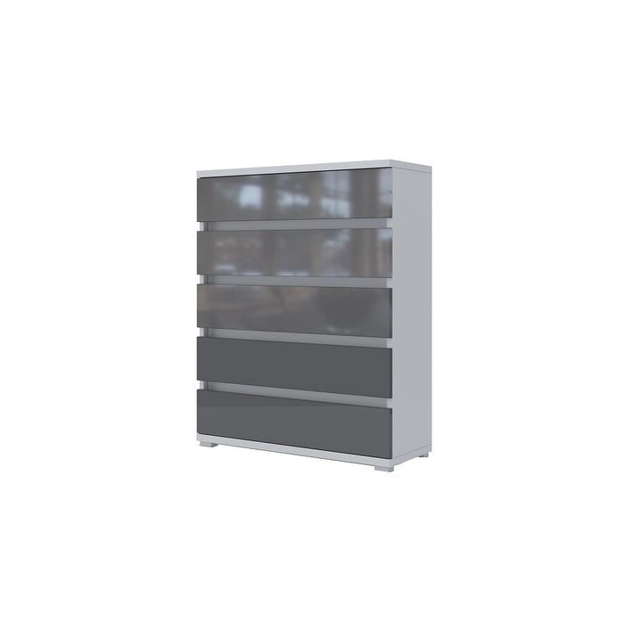 Cómoda de 5 cajones – Roble campestre / Blanco / Gris, Almacenamiento para dormitorio individual