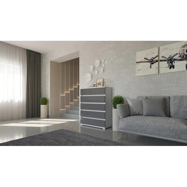 Cómoda de 5 cajones – Roble campestre / Blanco / Gris, Almacenamiento para dormitorio individual