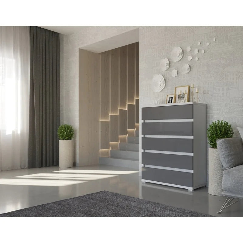 Cómoda de 5 cajones – Roble campestre / Blanco / Gris, Almacenamiento para dormitorio individual