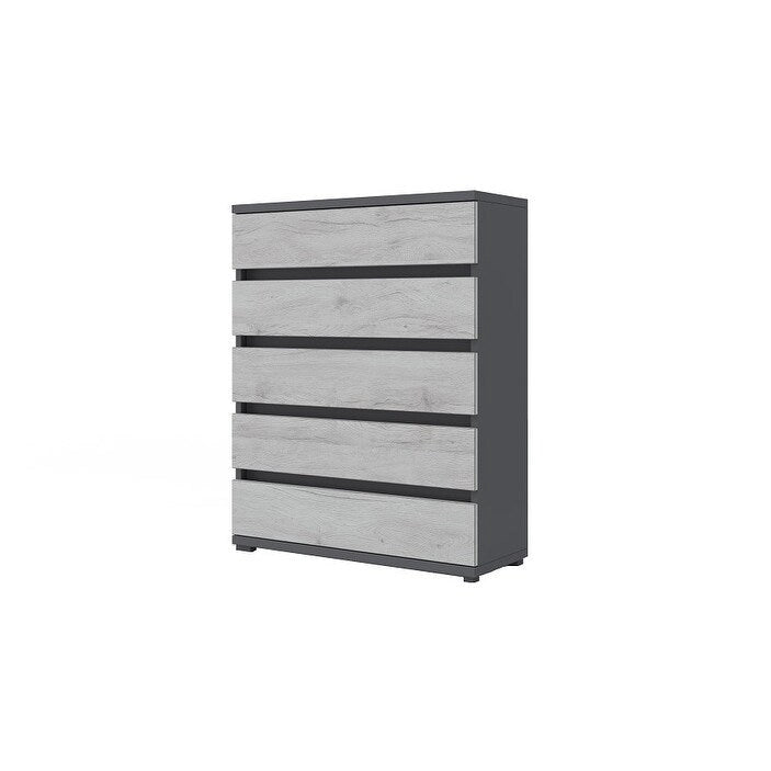 Cómoda de 5 cajones – Roble campestre / Blanco / Gris, Almacenamiento para dormitorio individual