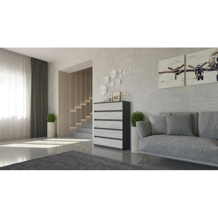 Cómoda de 5 cajones – Roble campestre / Blanco / Gris, Almacenamiento para dormitorio individual