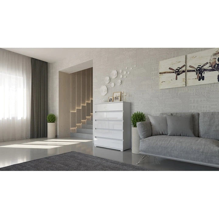 Cómoda de 5 cajones – Roble campestre / Blanco / Gris, Almacenamiento para dormitorio individual