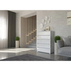 Cómoda de 5 cajones – Roble campestre / Blanco / Gris, Almacenamiento para dormitorio individual