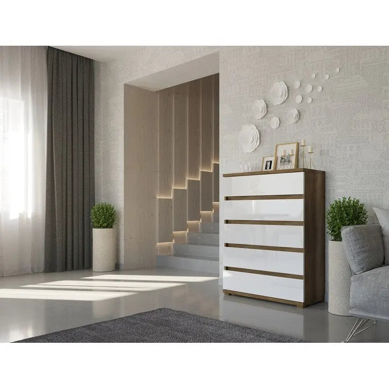 Cómoda de 5 cajones – Roble campestre / Blanco / Gris, Almacenamiento para dormitorio individual