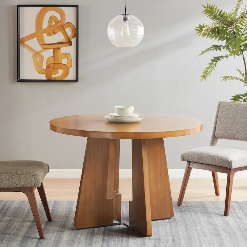 Mesa de comedor redonda de pacana, base en X abierta, para 4 personas