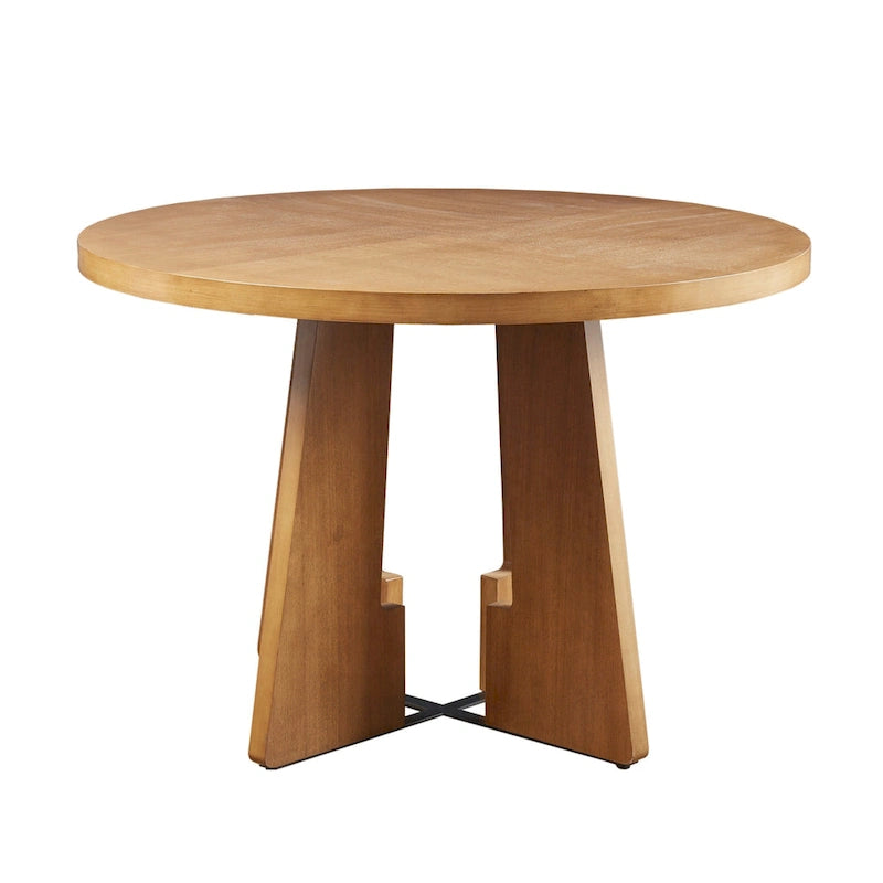 Mesa de comedor redonda de pacana, base en X abierta, para 4 personas