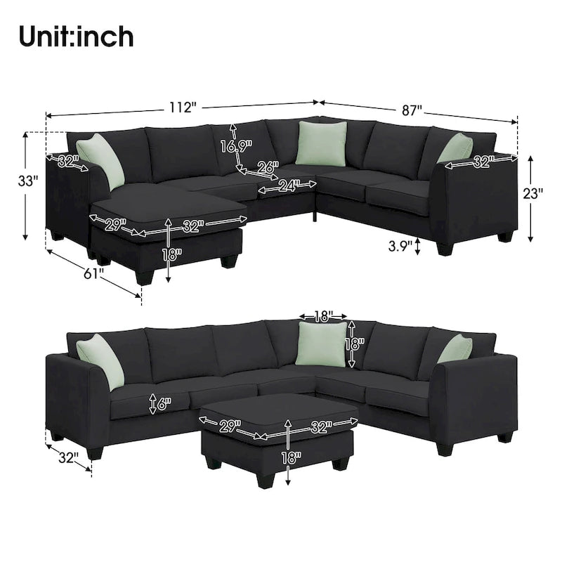 Sofás seccionales de 112*87 pulgadas para salas de estar, sofás modulares seccionales de 7 asientos con 3 cojines, color negro