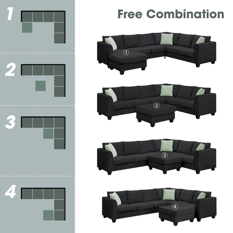 Sofás seccionales de 112*87 pulgadas para salas de estar, sofás modulares seccionales de 7 asientos con 3 cojines, color negro