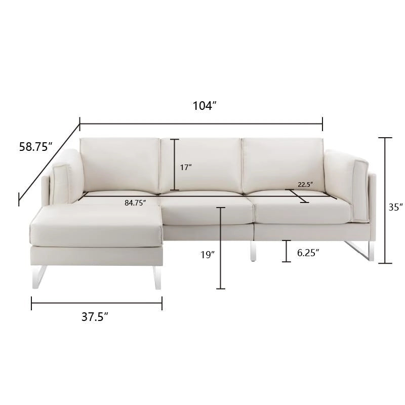 Sofá seccional en forma de L de piel sintética, blanco/gris/marrón, con capacidad para 3-4 personas