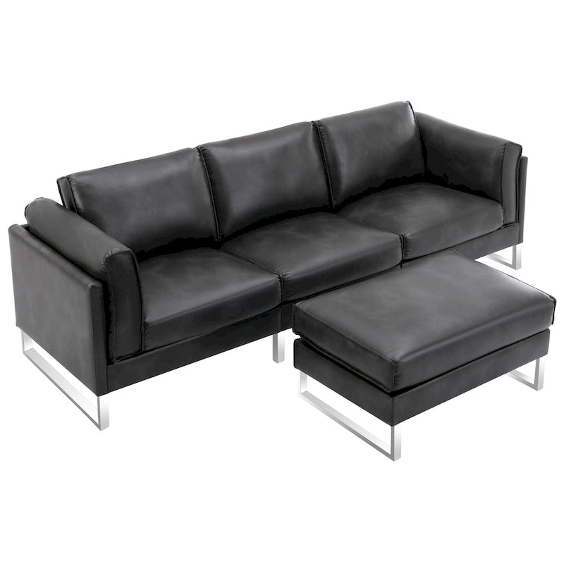 Sofá seccional en forma de L de piel sintética, blanco/gris/marrón, con capacidad para 3-4 personas