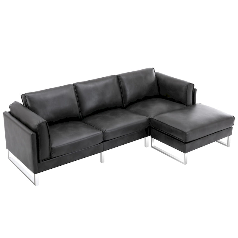 Sofá seccional en forma de L de piel sintética, blanco/gris/marrón, con capacidad para 3-4 personas