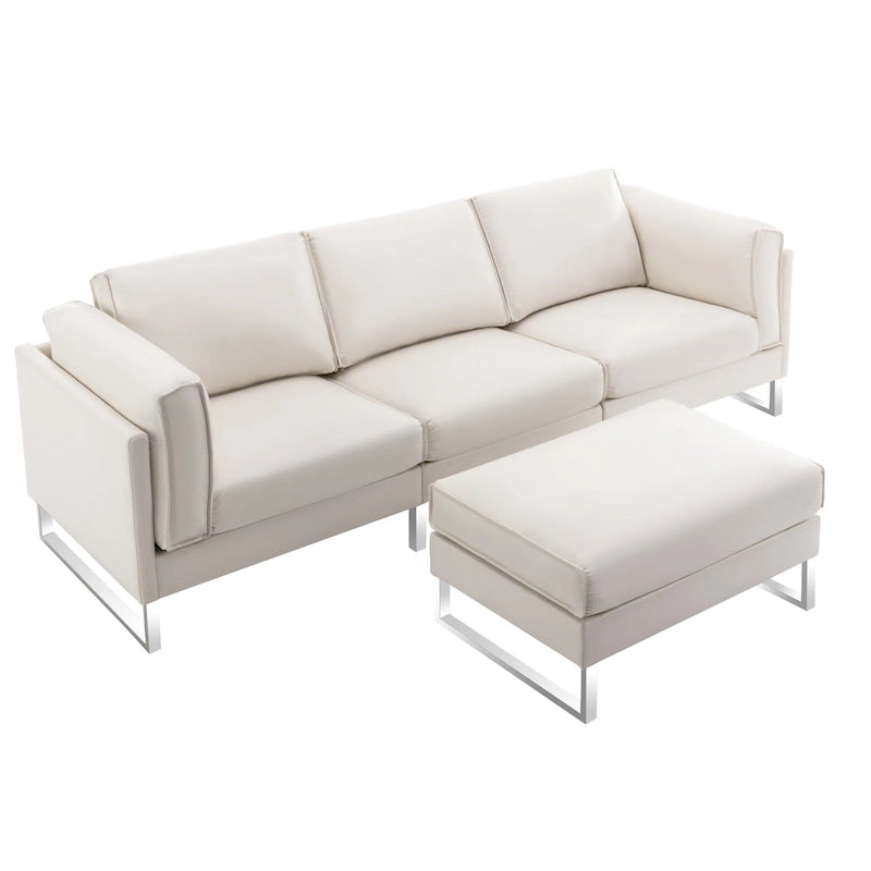 Sofá seccional en forma de L de piel sintética, blanco/gris/marrón, con capacidad para 3-4 personas