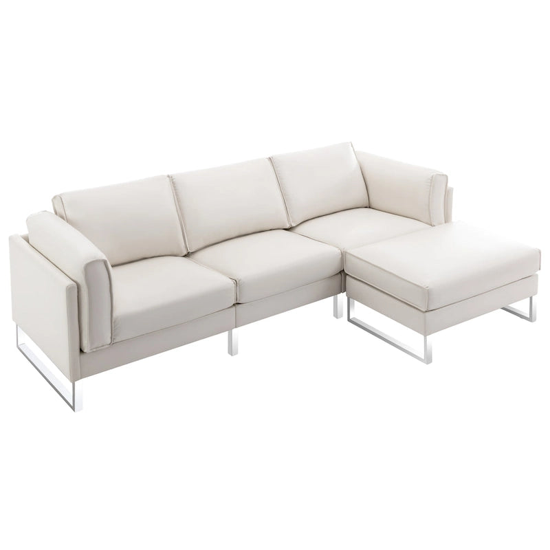 Sofá seccional en forma de L de piel sintética, blanco/gris/marrón, con capacidad para 3-4 personas