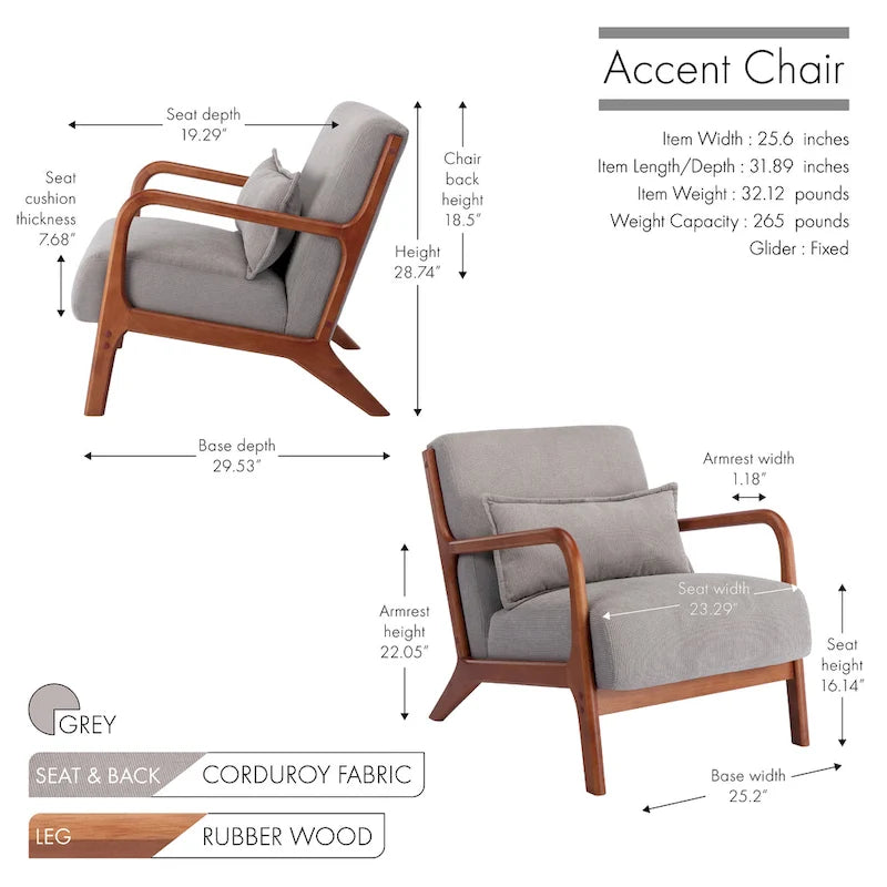 Porthos Home Biana Sillón Decorativo de Pana con Almohada y Estructura de Madera de Caucho