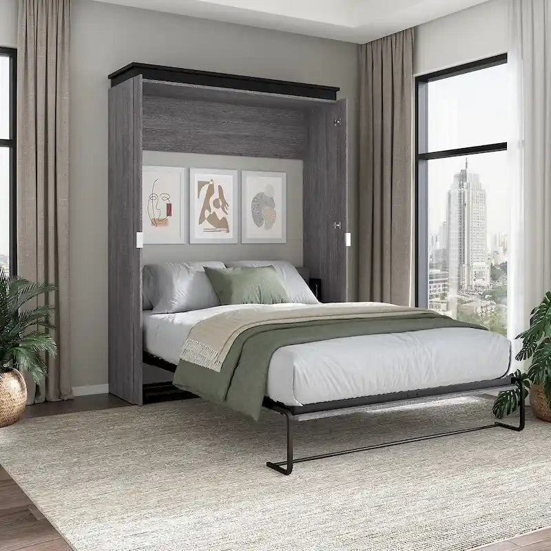 Cama de pared Queen gris corteza y grafito / nogal blanco, montaje entre 2 personas, 67W