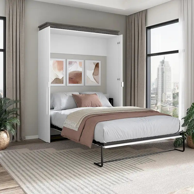 Cama de pared Queen gris corteza y grafito / nogal blanco, montaje entre 2 personas, 67W