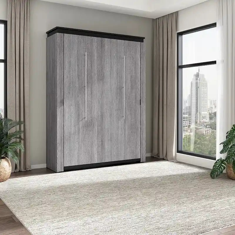 Cama de pared Queen gris corteza y grafito / nogal blanco, montaje entre 2 personas, 67W