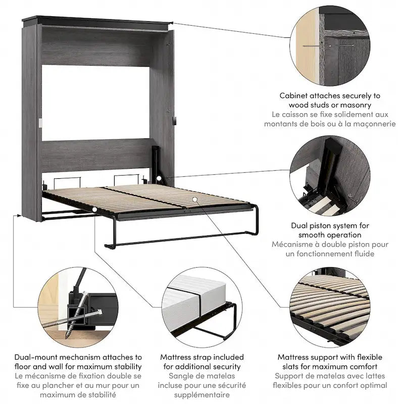 Cama de pared Queen gris corteza y grafito / nogal blanco, montaje entre 2 personas, 67W