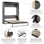 Cama de pared Queen gris corteza y grafito / nogal blanco, montaje entre 2 personas, 67W