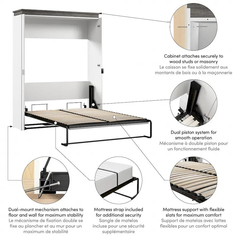 Cama de pared Queen gris corteza y grafito / nogal blanco, montaje entre 2 personas, 67W