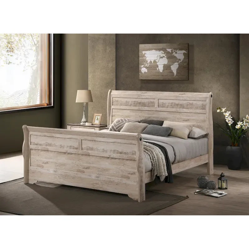 Juego de cama trineo blanqueada y 2 mesitas de noche – King/Queen, 3 piezas