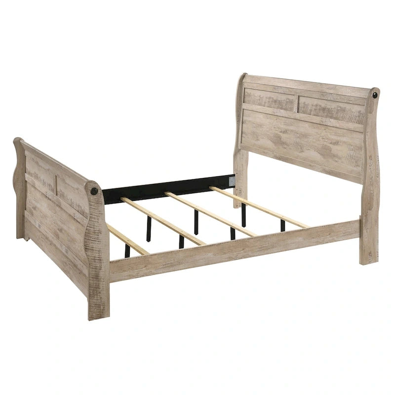 Juego de cama trineo blanqueada y 2 mesitas de noche – King/Queen, 3 piezas