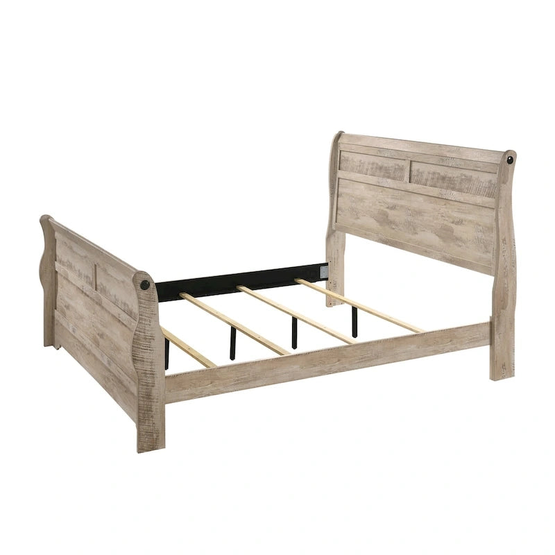Juego de cama trineo blanqueada y 2 mesitas de noche – King/Queen, 3 piezas