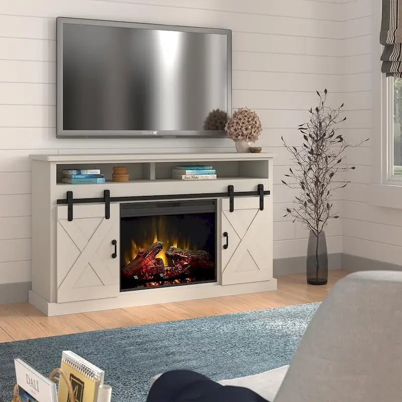Mueble de TV con Chimenea Eléctrica Estilo Casa de Campo Blanca, Puertas Correderas Tipo Granero, Para Televisores de hasta 80"